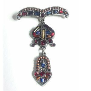Vintage Silver Pin, Mexico South America Dangling Pendant, Colored Stones, 2.25"